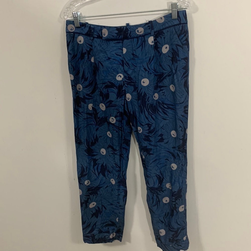 Elevenses blue Capris good cond Sz 4 Rayon blend fabric w/silk feel needs button